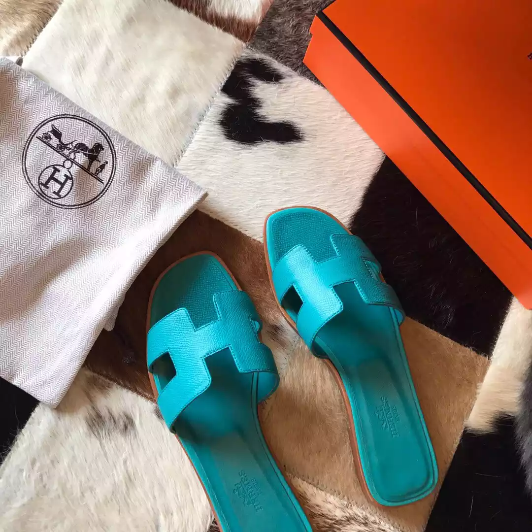HERMES ORAN SLIDE SANDALS IN BLUE PAON EPSOM CALFSKIN – HMSD070