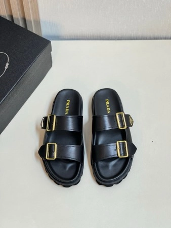 PRADA WOMEN’S STRAP SLIDES SANDALS IN BLACK LEATHER – PSD067