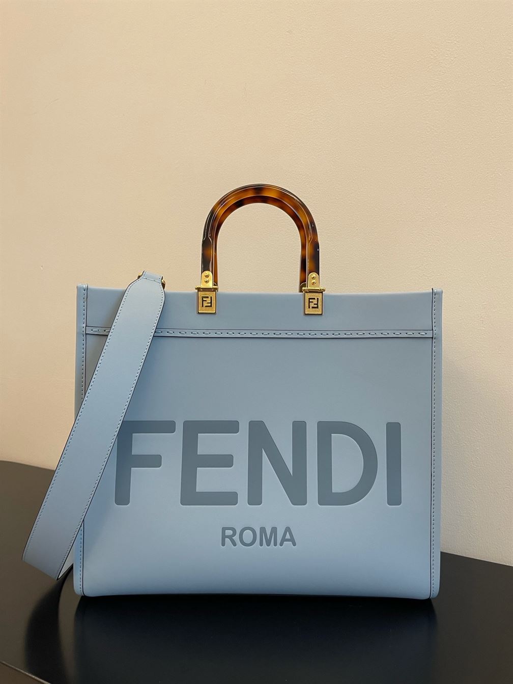 FENDI SUNSHINE MEDIUM LIGHT BLUE LEATHER SHOPPER – F021