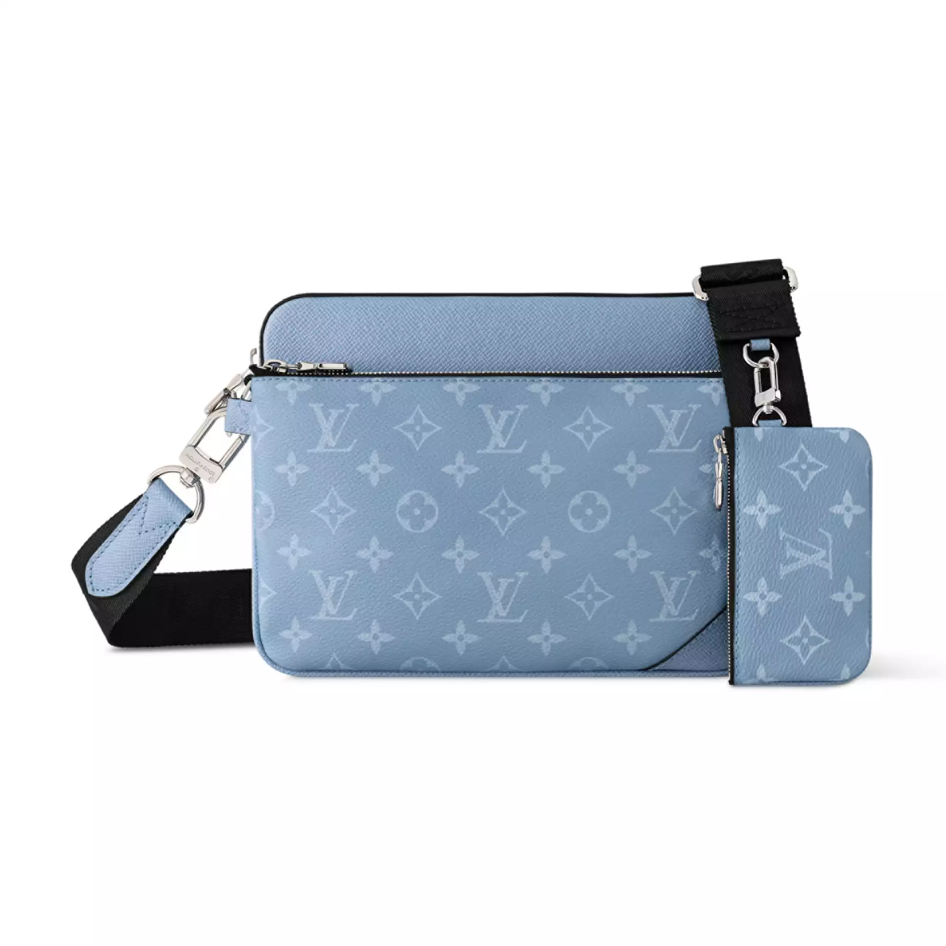 TRIO MESSENGER BAG SKY BLUE MONOGRAM CANVAS TAIGA COWHIDE LEATHER M14069 – LW266