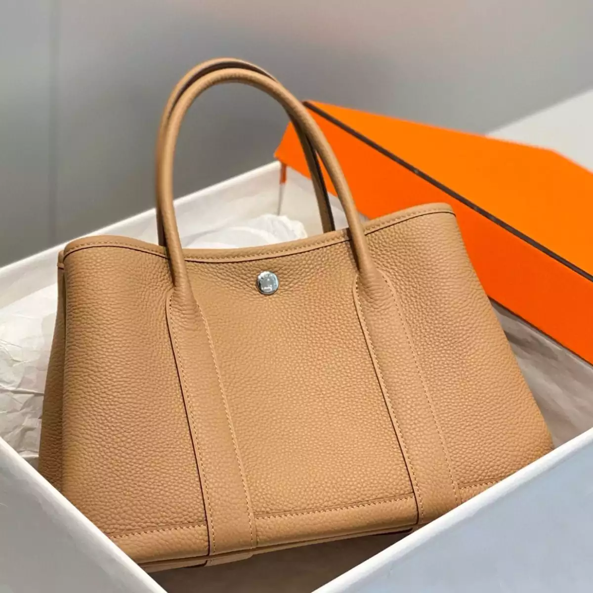 Hermes Garden Party 30 Bag In Chai Taurillon Leather – HW073