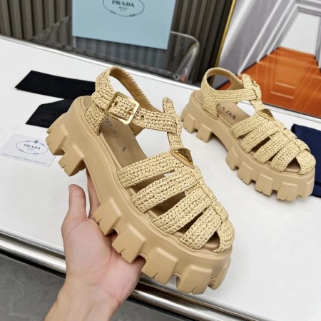 PRADA MONOLITH CROCHET CAGE SANDALS IN BEIGE RAFFIA FABRIC – PSD008