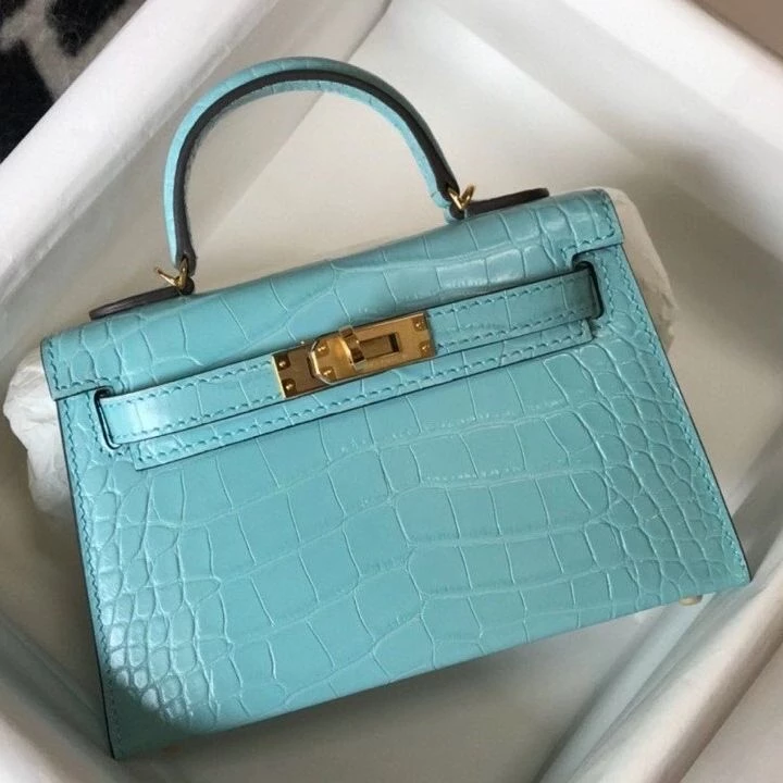 Hermes Kelly Mini II Bag In Blue Atoll Embossed Crocodile Leather – HW131