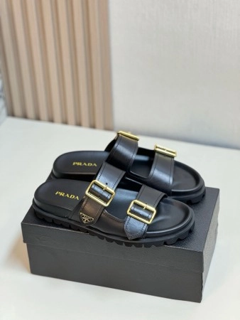 PRADA WOMEN’S STRAP SLIDES SANDALS IN BLACK LEATHER – PSD028