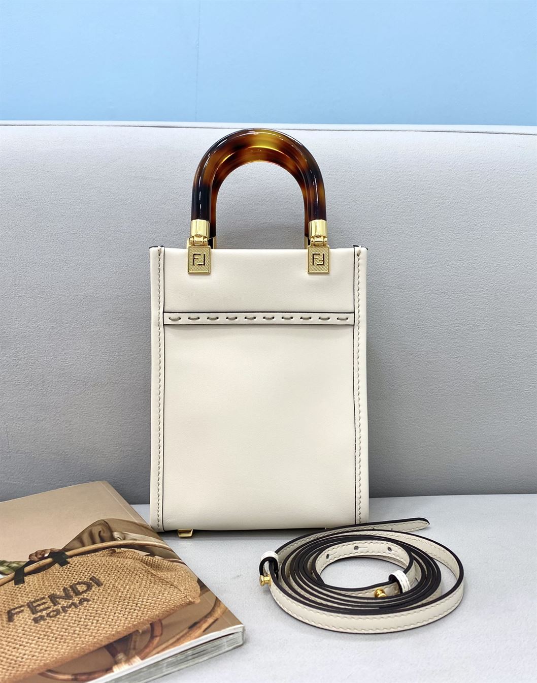 FENDI MINI SUNSHINE SHOPPER WHITE LEATHER MINI BAG – F012