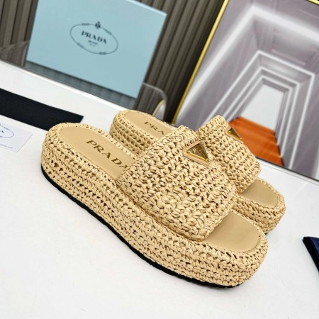 PRADA CROCHET FLATFORM SLIDES IN BEIGE RAFFIA-EFFECT YARN – PSD070