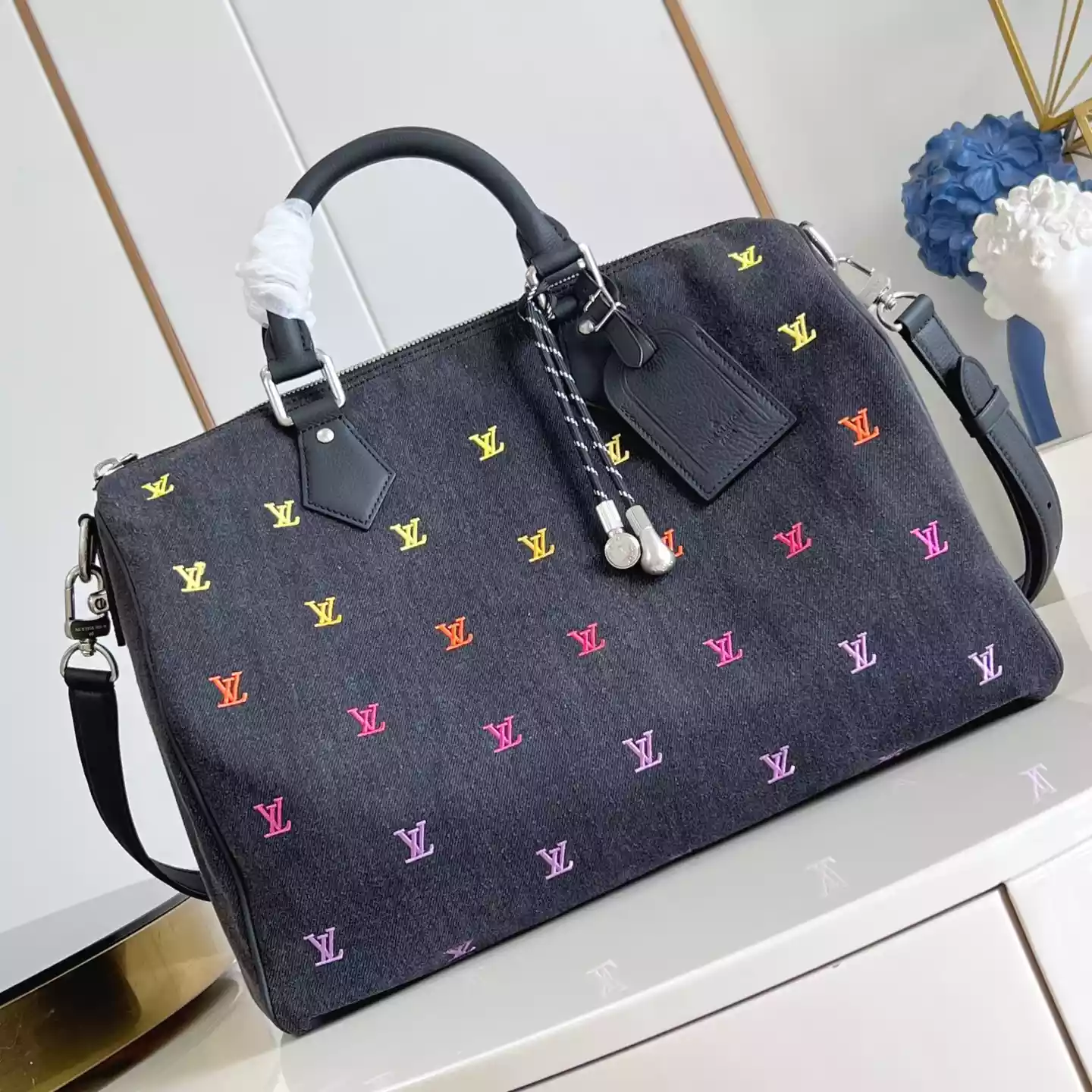 SPEEDY 40 BANDOULIERE GRADIENT ORANGE LV BLASON DENIM – LW300