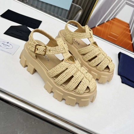 PRADA MONOLITH CROCHET CAGE SANDALS IN BEIGE RAFFIA FABRIC – PSD008