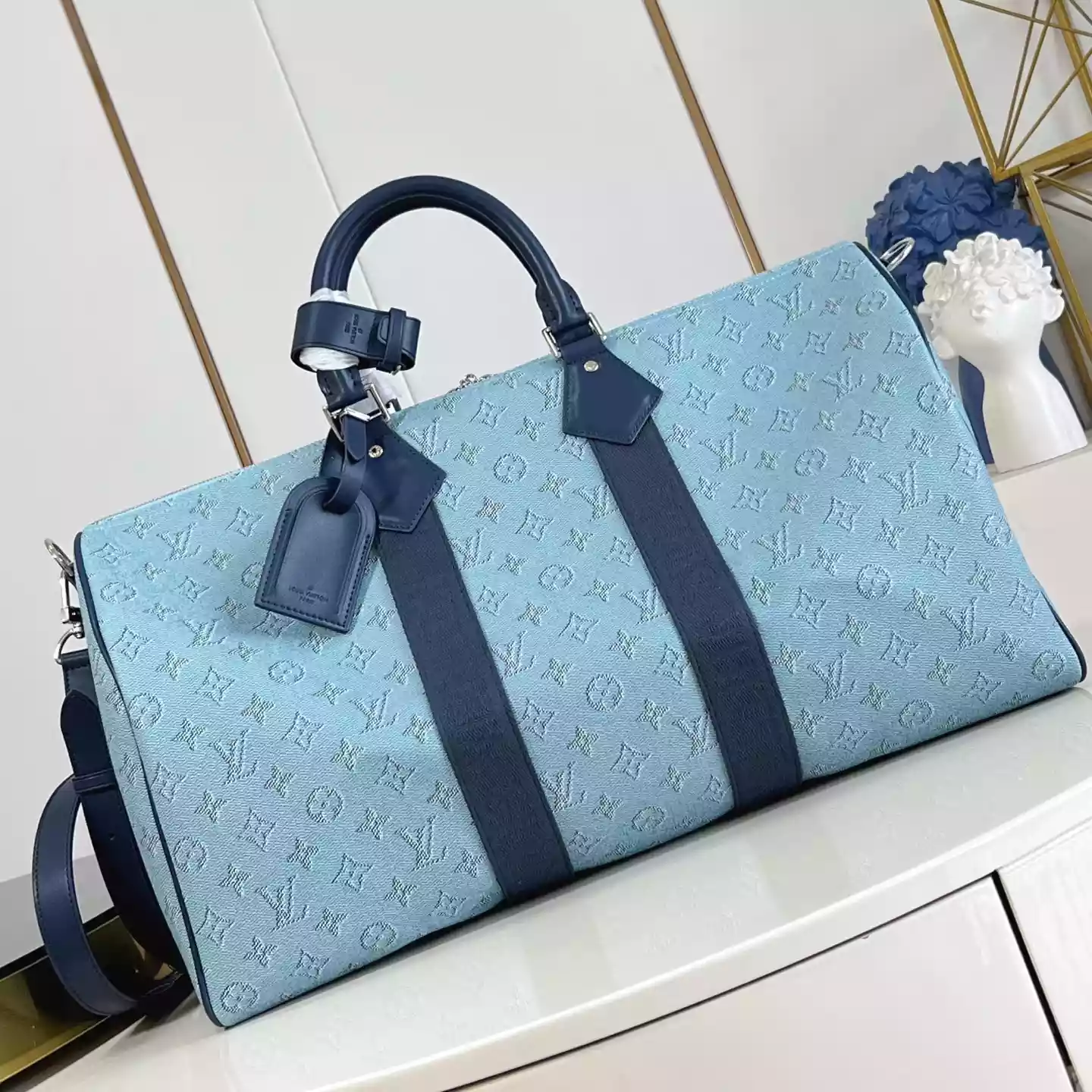 KEEPALL BANDOULIERE 50 BAG BLUE MONOGRAM CANVAS M14837 – LW354