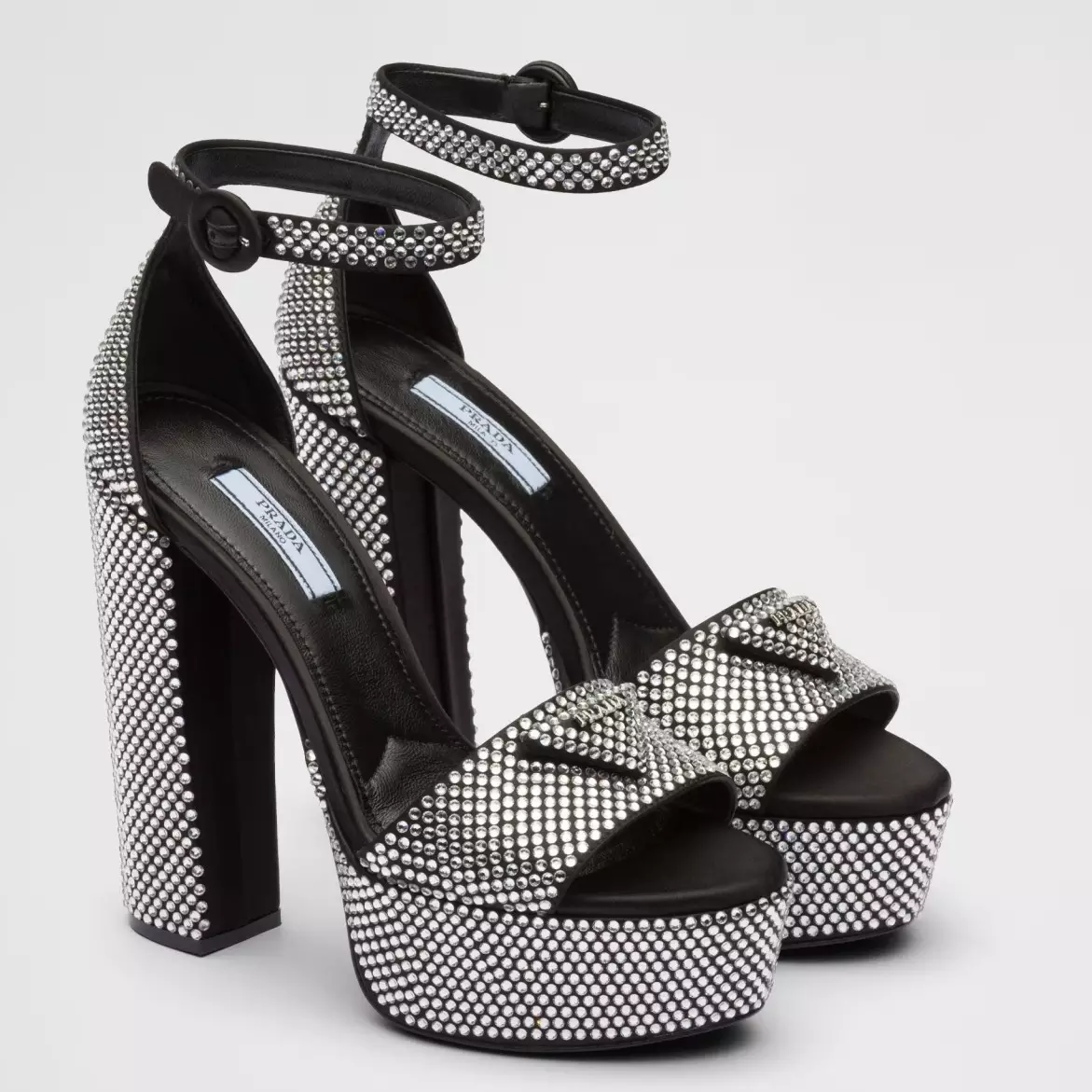 PRADA PLATFORM SANDALS 135MM IN BLACK SATIN WITH CRYSTALS – PSD010