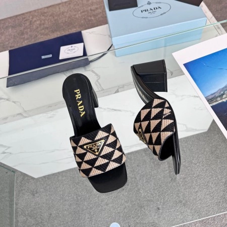 PRADA HEELED SLIDE SANDALS 65MM IN BLACK AND BEIGE FABRIC – PSD035
