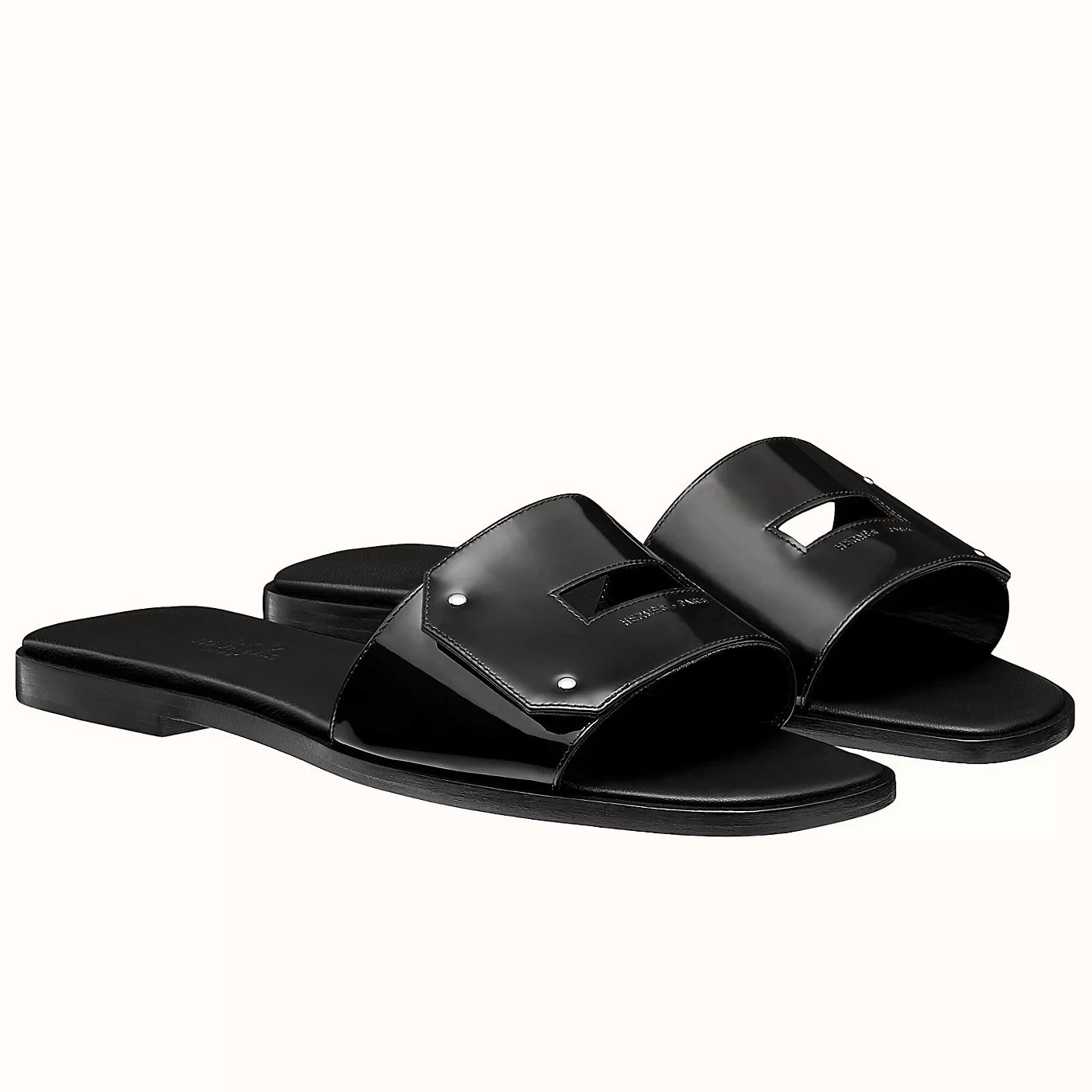 HERMES VIEW SLIDE SANDALS IN BLACK PATENT CALFSKIN – HMSD133
