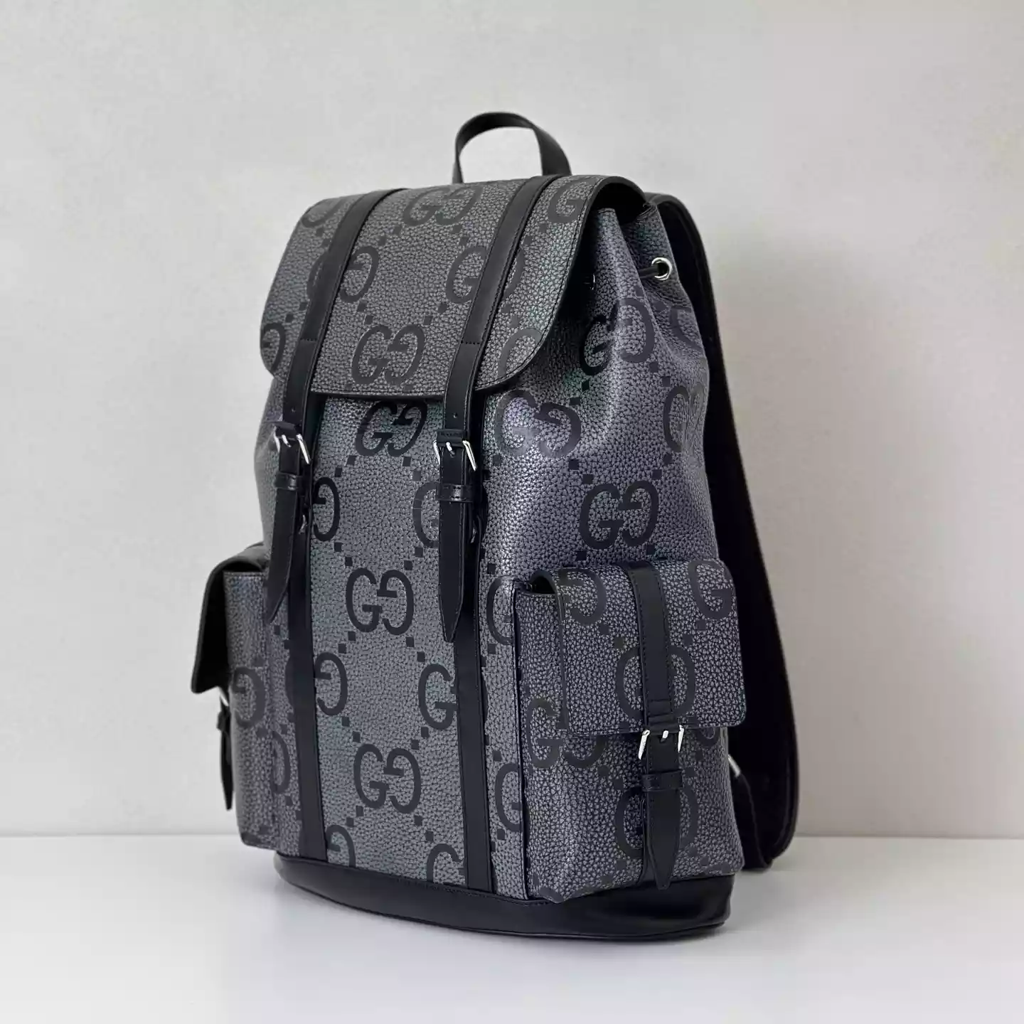GG jumbo large backpack in grey and black GG leather – BG076
