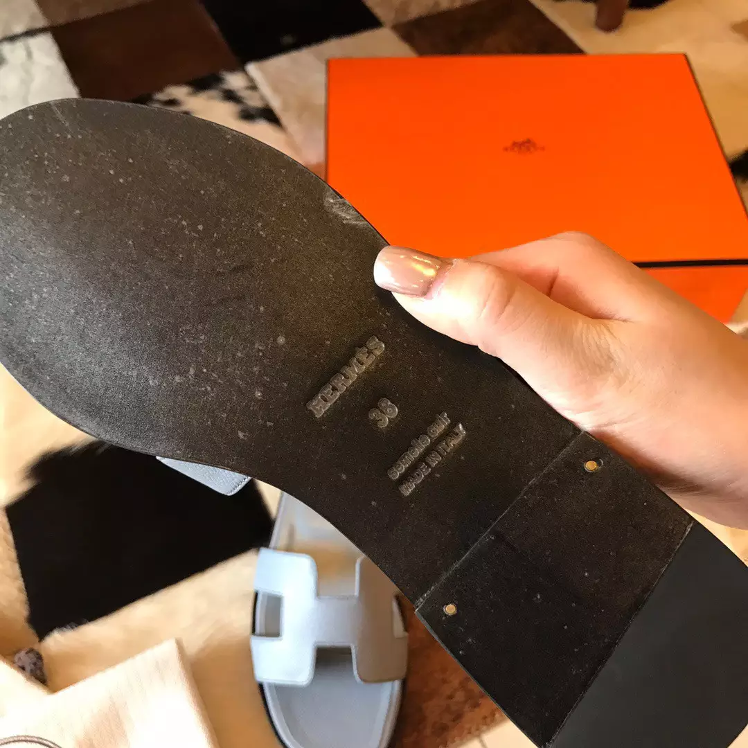 HERMES ORAN SLIDE SANDALS IN BLUE LIN EPSOM CALFSKIN – HMSD074