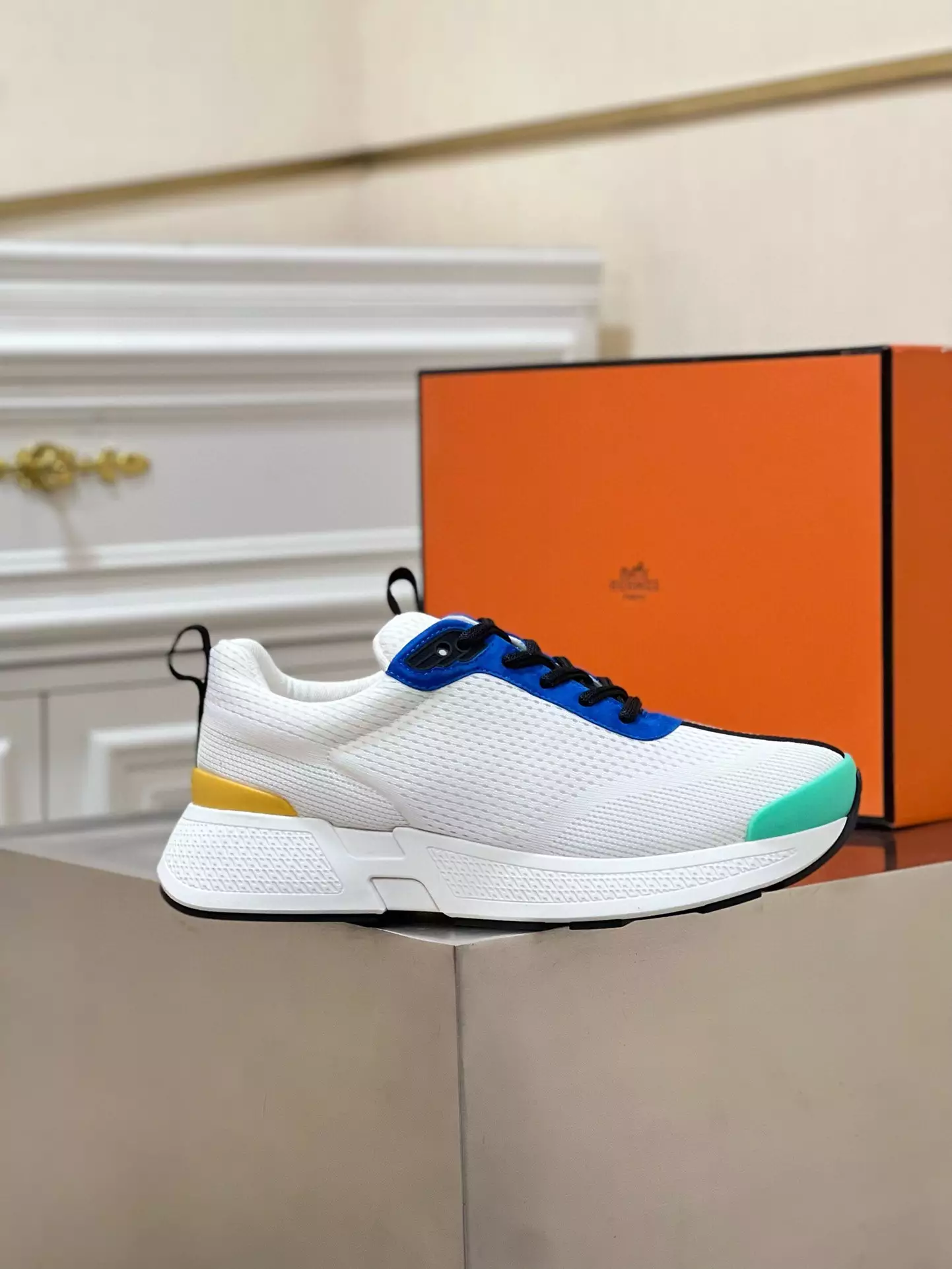 Hermes Heros Sneakers in White Knit and Blue Suede – HM004