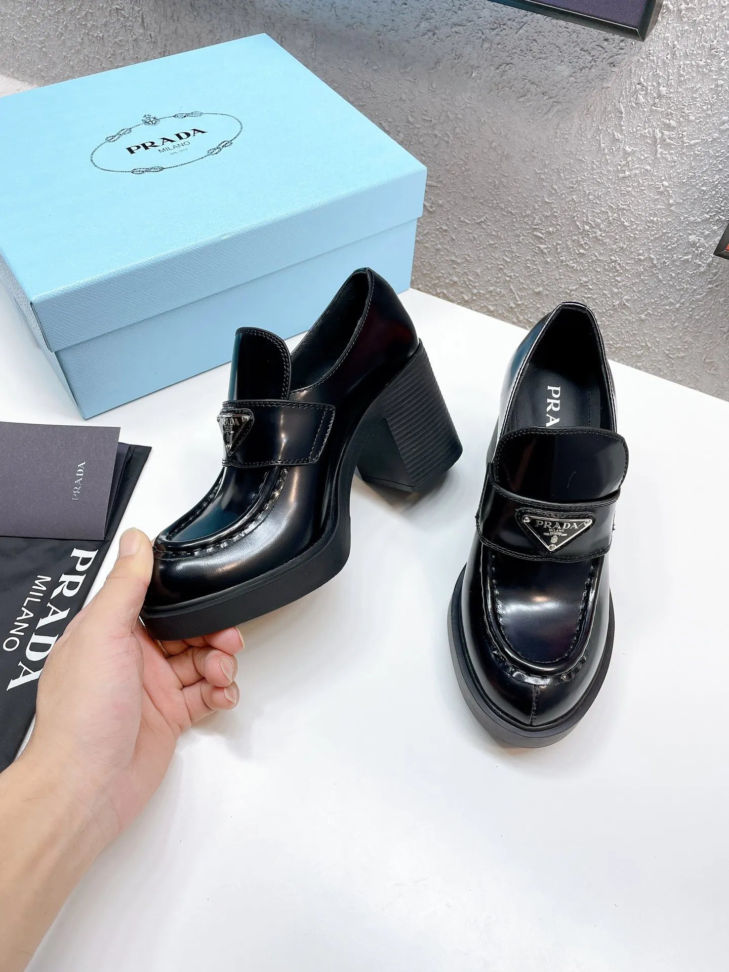 Prada Chocolate High-heeled Loafers In Black Brushed Leather – PRL001