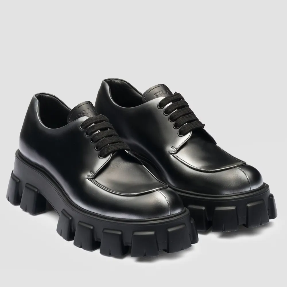 Prada Monolith Lace-up Loafers in Black Brushed Leather – PRL009