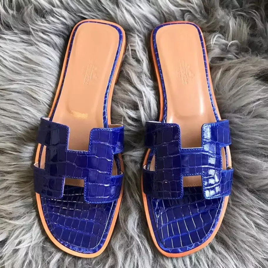 HERMES ORAN SLIDE SANDALS IN BLUE ELECTRIC SHINY NILOTICUS CROCODILE SKIN- HMSD060
