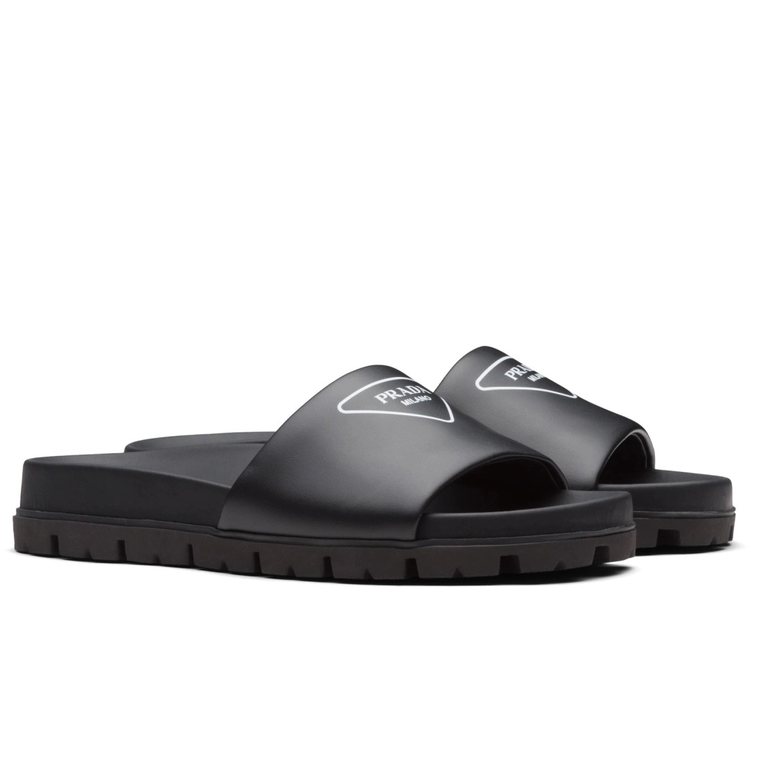 PRADA BLACK LEATHER SLIDES WITH PRINTED TRIANGLE LOGO – PSD088