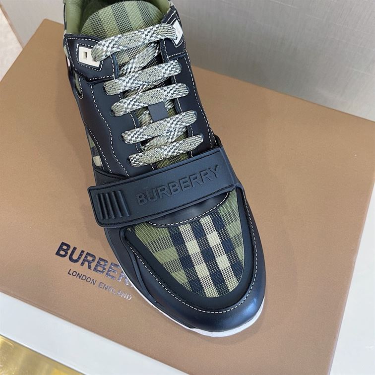 BURBERRY CHECK LACE-UP SNEAKERS IN MILITARY GREEN – BBR008