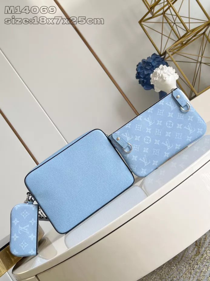 TRIO MESSENGER BAG SKY BLUE MONOGRAM CANVAS TAIGA COWHIDE LEATHER M14069 – LW266