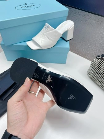 PRADA HEELED SLIDE SANDALS 65MM IN WHITE NAPPA LEATHER – PSD036