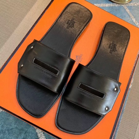 HERMES VIEW SLIDE SANDALS IN BLACK LEATHER – HMSD131