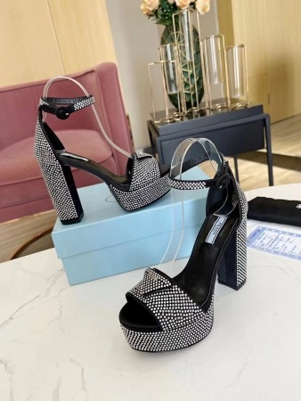 PRADA PLATFORM SANDALS 135MM IN BLACK SATIN WITH CRYSTALS – PSD010