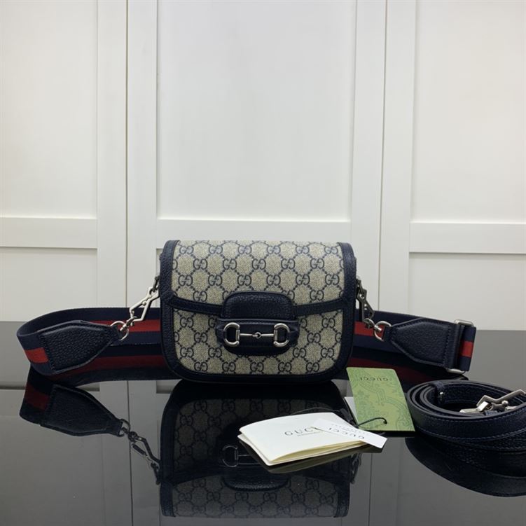 GUCCI HORSEBIT 1955 MINI BAG IN BEIGE AND BLUE GG SUPREME CANVAS – GB11