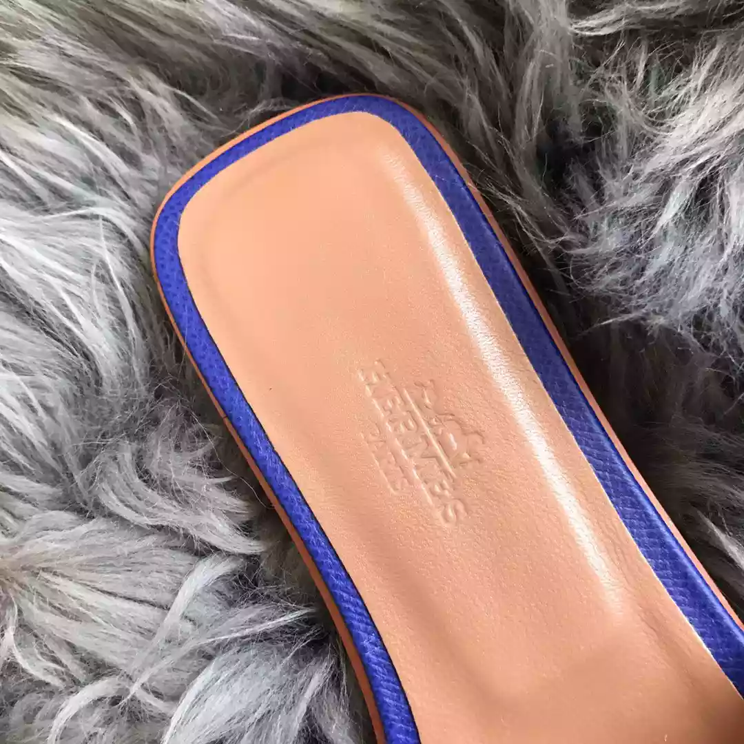 HERMES ORAN SLIDE SANDALS IN BLUE EPSOM PERFORATED CALFSKIN – HMSD095