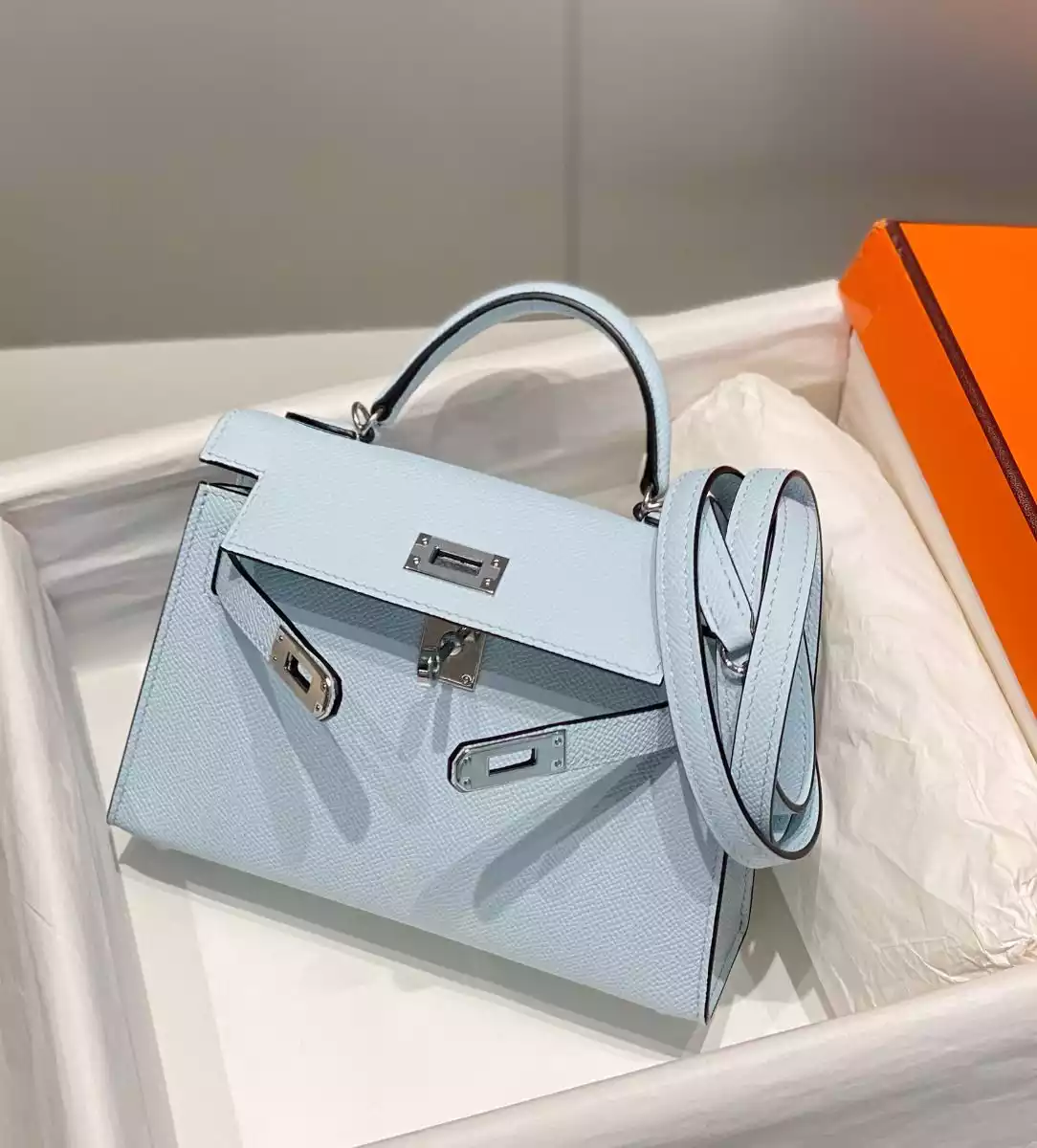 Hermes Kelly Mini II Bag In Blue Brume Epsom Leather PHW – HW126