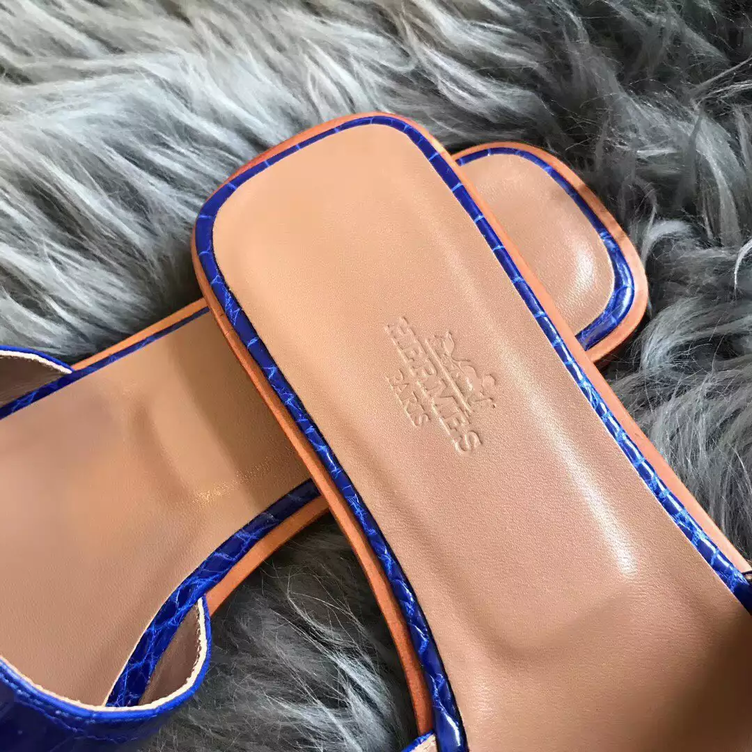 HERMES ORAN SLIDE SANDALS IN BLUE ELECTRIC SHINY NILOTICUS CROCODILE SKIN- HMSD060