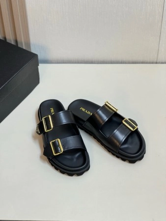 PRADA WOMEN’S STRAP SLIDES SANDALS IN BLACK LEATHER – PSD067