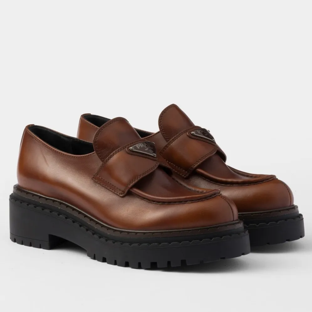 Prada Women’s Double Chocolate Loafers in Cognac Leather – PRL013