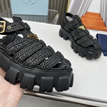 PRADA MONOLITH CROCHET CAGE SANDALS IN BLACK RAFFIA FABRIC – PSD009