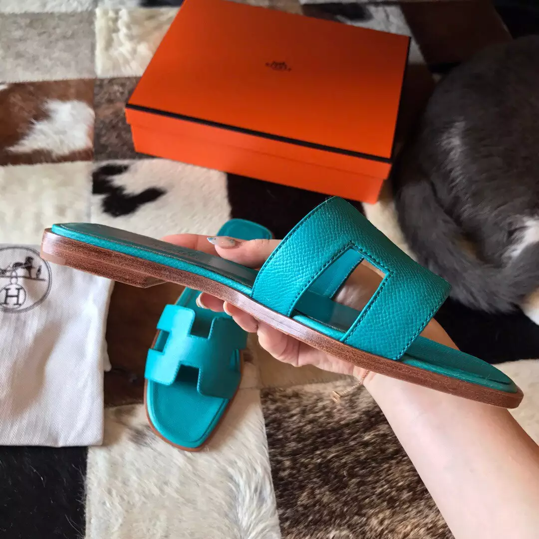 HERMES ORAN SLIDE SANDALS IN BLUE PAON EPSOM CALFSKIN – HMSD070