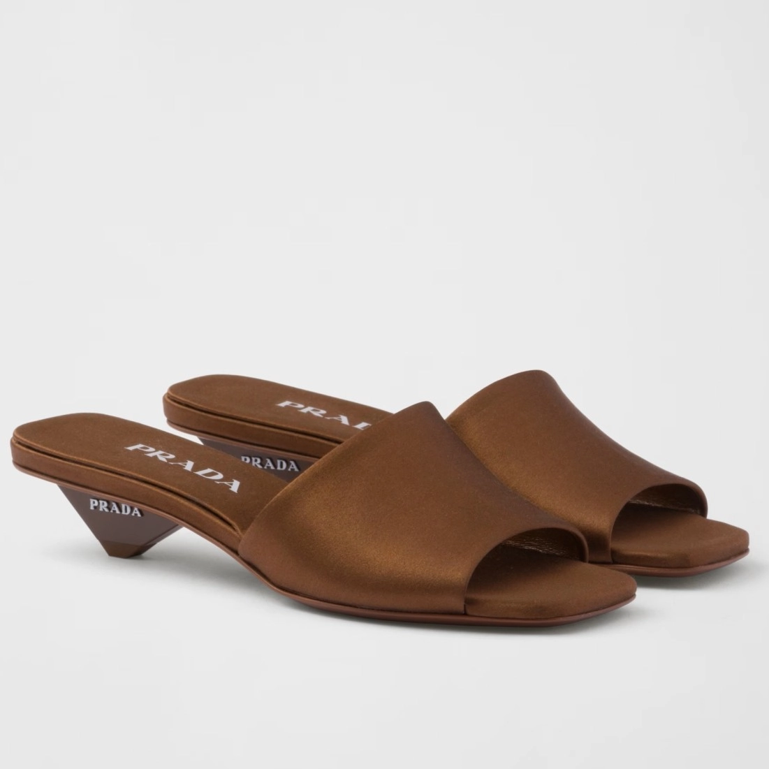 PRADA HEELED SLIDES 35MM IN TOBACCO SATIN – PSD065