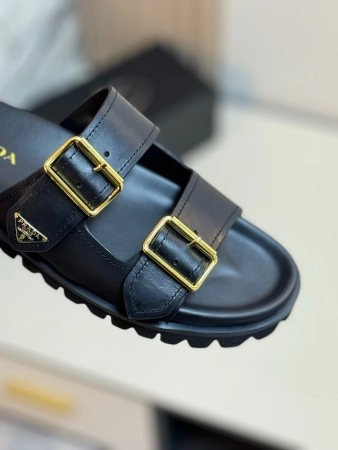 PRADA WOMEN’S STRAP SLIDES SANDALS IN BLACK LEATHER – PSD028