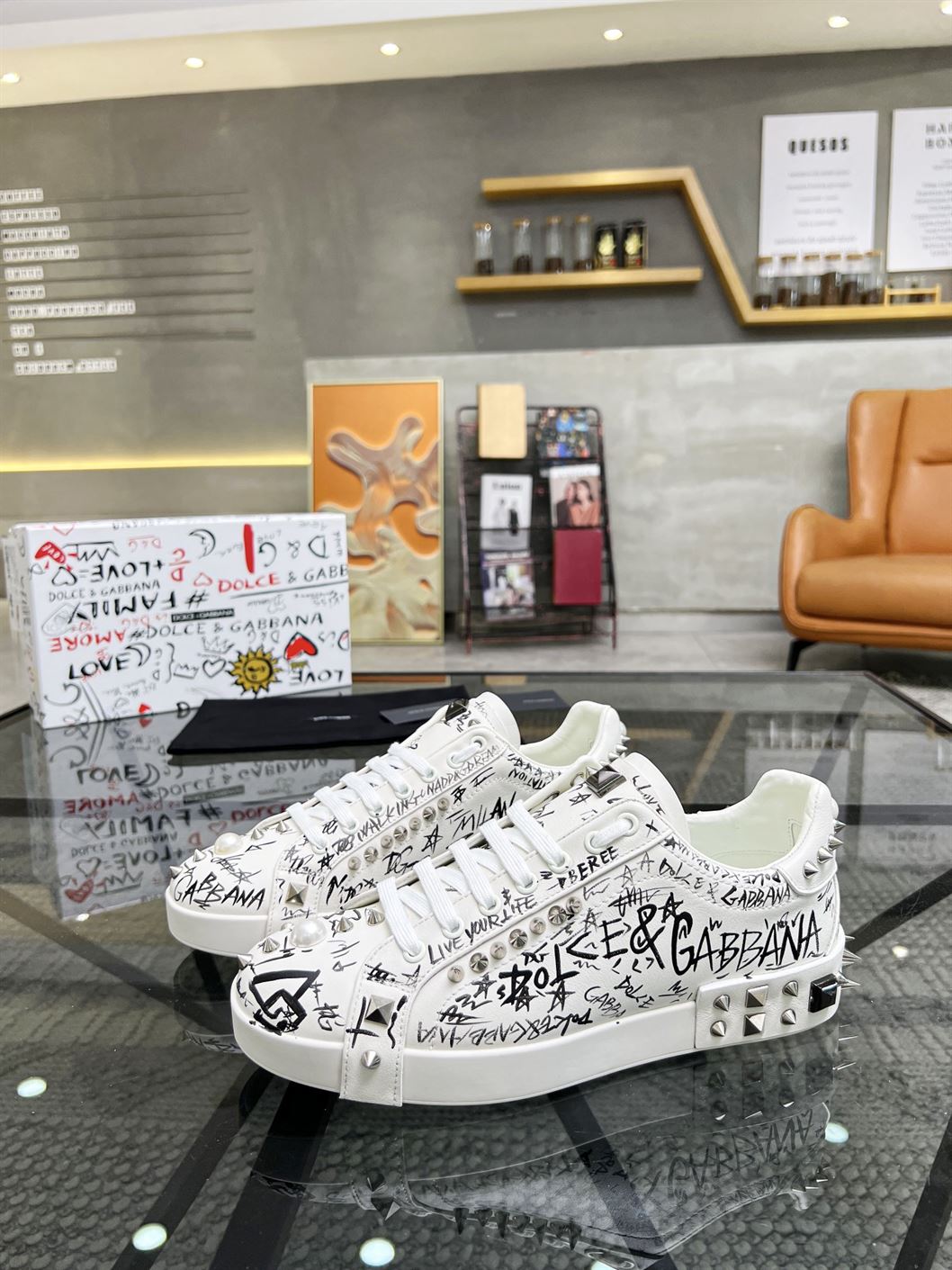 DOLCE & GABBANA CALFSKIN NAPPA PORTOFINO SNEAKERS WITH STUDS – DG019