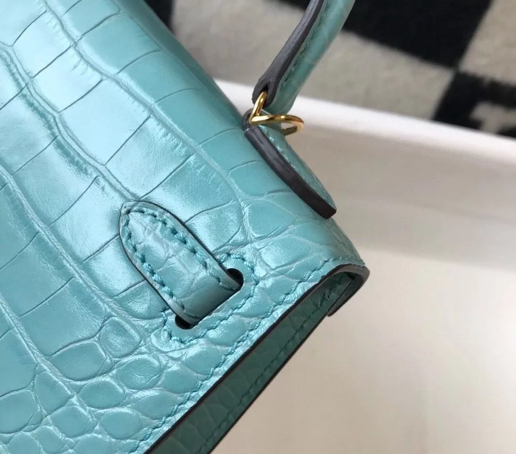 Hermes Kelly Mini II Bag In Blue Atoll Embossed Crocodile Leather – HW131
