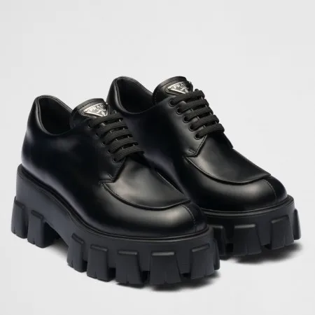 Prada Monolith Lace-up Shoes in Black Brushed Leather – PRL007