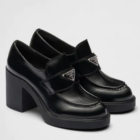 Prada Chocolate High-heeled Loafers In Black Brushed Leather – PRL001
