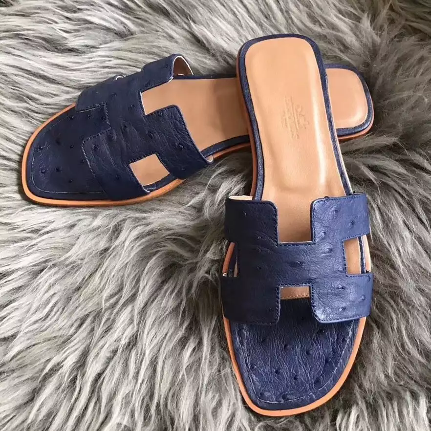 HERMES ORAN SLIDE SANDALS IN BLUE ROY OSTRICH LEATHER – HMSD076