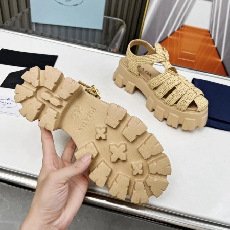 PRADA MONOLITH CROCHET CAGE SANDALS IN BEIGE RAFFIA FABRIC – PSD008
