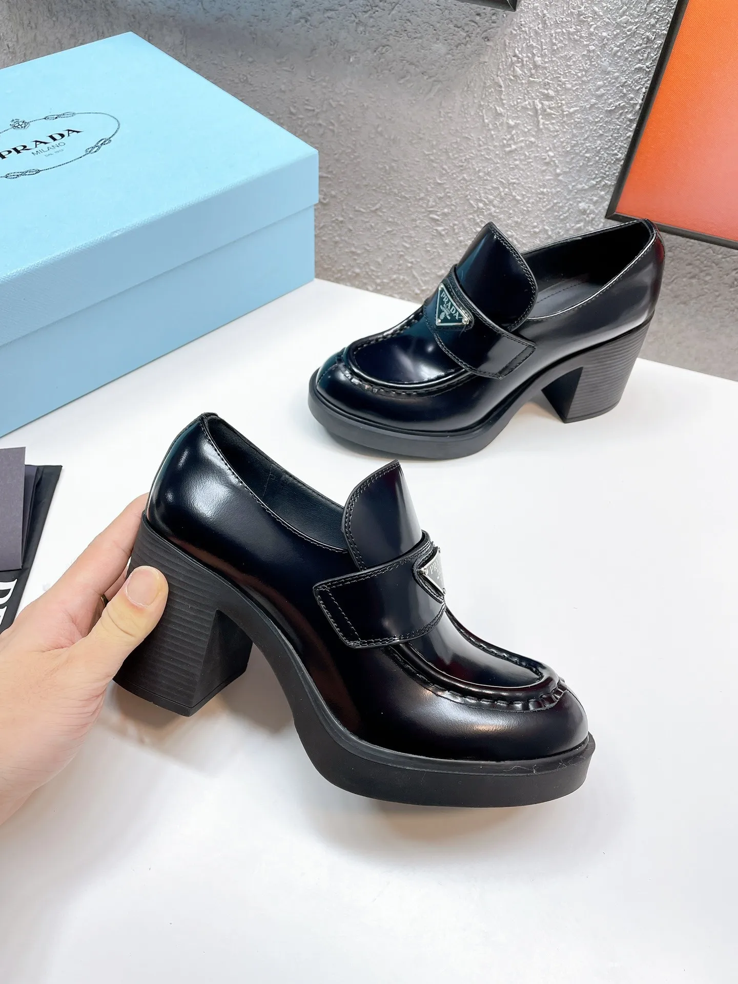 Prada Chocolate High-heeled Loafers In Black Brushed Leather – PRL001