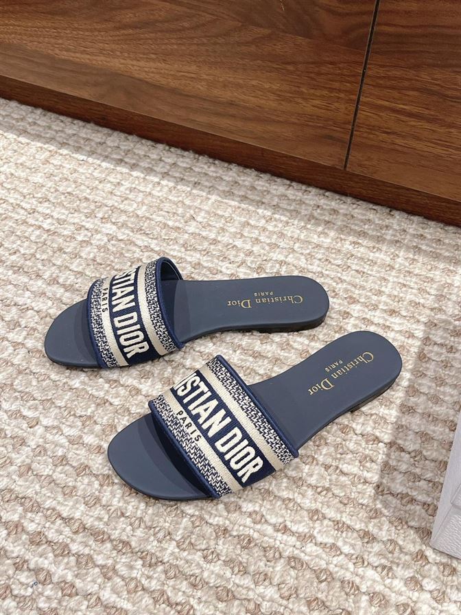 DIOR DWAY SLIDE DEEP BLUE EMBROIDERED COTTON – DS020