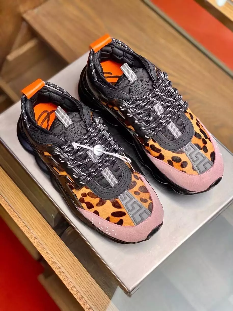 VERSACE WOMEN’S BLACK CHAIN REACTION SNEAKERS WITH LEOPARD PRINT – VSS027