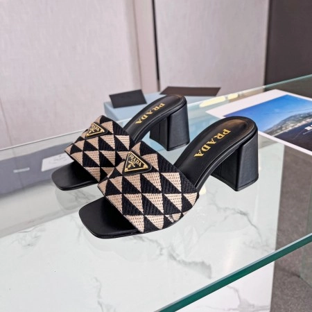 PRADA HEELED SLIDE SANDALS 65MM IN BLACK AND BEIGE FABRIC – PSD035