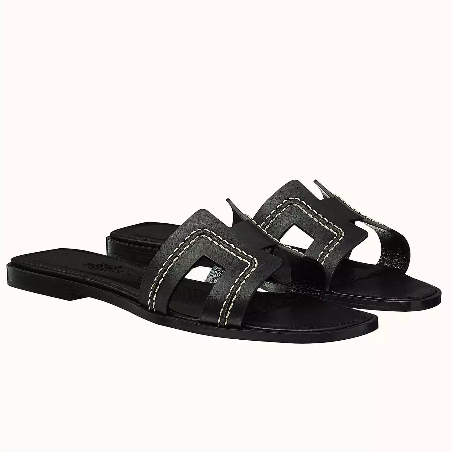 HERMES ORAN SLIDE SANDALS IN BLACK LEATHER WITH STITCHED – HMSD044