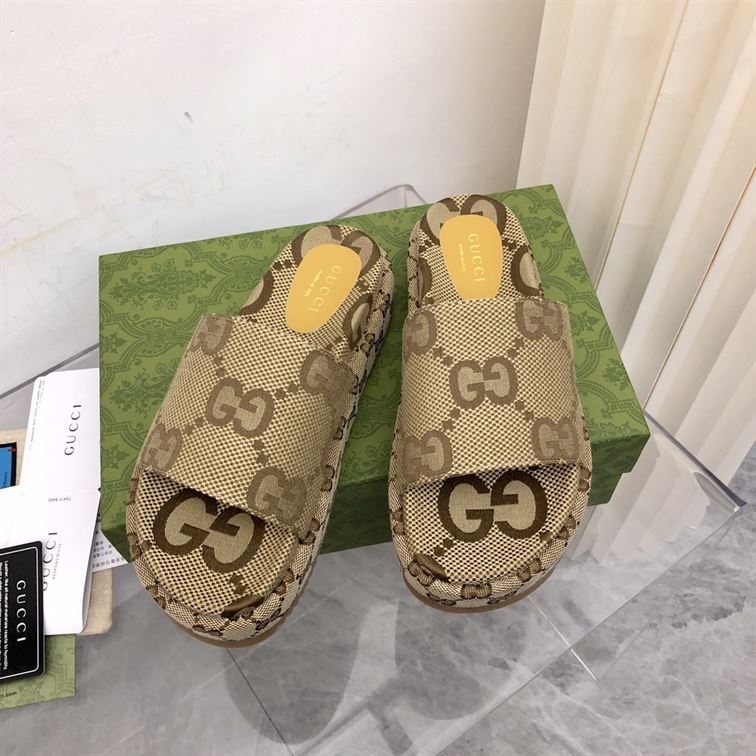 GUCCI ANGELINA LOGO-JACQUARD COATED-CANVAS PLATFORM SLIDES – GSL023